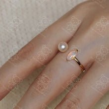 Load image into Gallery viewer, Australian Solid Opal with Akoya Pearl Open Adjustable Ring 18K Yellow Gold