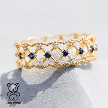 Load image into Gallery viewer, Geometric Art Design Sapphire &amp; Diamond 18K Yellow Gold Ring
