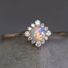 Load image into Gallery viewer, Petite Opal Diamond Halo Engagement Ring 18K Yellow Gold