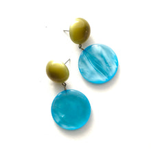 Load image into Gallery viewer, Ice Blue &amp; Olive Moonglow Statement Lucite Drop Earrings