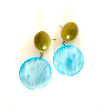 Load image into Gallery viewer, Ice Blue &amp; Olive Moonglow Statement Lucite Drop Earrings