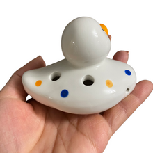 Load image into Gallery viewer, Ceramic Duck Ocarina White with spots