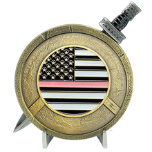 Load image into Gallery viewer, EL3-019 Breast Cancer Awareness Warrior Gladiator Survivor Thin Pink Line Shield with removable Sword Challenge Coin Set Police Sheriff Deputy Marines Army Air Force Navy Coast Guard