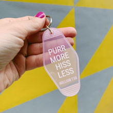 Load image into Gallery viewer, Purr More Hiss Less Motel Style Keychain in Pink Translucent