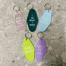 Load image into Gallery viewer, Purr More Hiss Less Motel Style Keychain in Pink Translucent