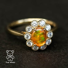 Load image into Gallery viewer, Rainbow Stripe Mexican Fire Opal &amp; Halo Diamond Engagement Ring 18K Yellow Gold