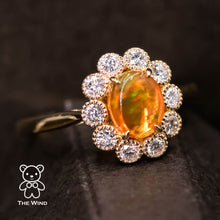 Load image into Gallery viewer, Rainbow Stripe Mexican Fire Opal &amp; Halo Diamond Engagement Ring 18K Yellow Gold