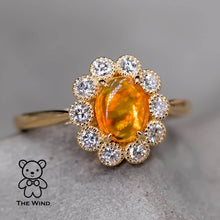 Load image into Gallery viewer, Rainbow Stripe Mexican Fire Opal &amp; Halo Diamond Engagement Ring 18K Yellow Gold