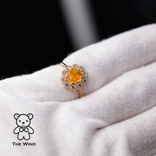 Load image into Gallery viewer, Rainbow Stripe Mexican Fire Opal &amp; Halo Diamond Engagement Ring 18K Yellow Gold
