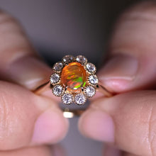 Load image into Gallery viewer, Rainbow Stripe Mexican Fire Opal &amp; Halo Diamond Engagement Ring 18K Yellow Gold