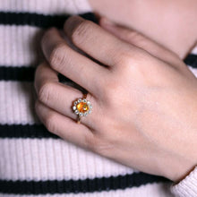 Load image into Gallery viewer, Rainbow Stripe Mexican Fire Opal &amp; Halo Diamond Engagement Ring 18K Yellow Gold