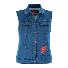 Load image into Gallery viewer, Women's Blue Denim Snap Front Vest with Red Daisy