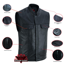 Load image into Gallery viewer, Highway Jack Men's Black Leather Motorcycle Vest Scoop Neck &amp; Snap-Closure Pockets