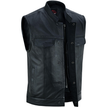 Load image into Gallery viewer, Highway Jack Men's Black Leather Motorcycle Vest Scoop Neck &amp; Snap-Closure Pockets