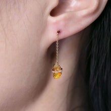 Load image into Gallery viewer, Ribbon Wrapped Fire Opal Ruby Diamond Drop Earrings 18K Yellow Gold