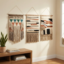 Load image into Gallery viewer, Bohemia Wall Hanging Decor | Boho Geometric Woven Textile with Layered Fringe &amp; Copper Bar | 14" x 24"