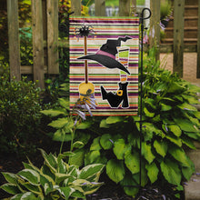 Load image into Gallery viewer, Witch Costume and Broom on Stripes Halloween Garden Flag – Decorative Outdoor Yard Flag