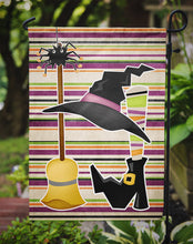 Load image into Gallery viewer, Witch Costume and Broom on Stripes Halloween Garden Flag – Decorative Outdoor Yard Flag