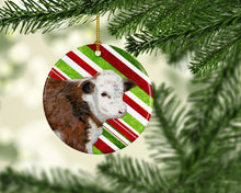 Load image into Gallery viewer, Baby Calf Candy Cane Holiday Christmas Ornament - Round Ceramic Ornament – Artist-Designed Keepsake Decoration SB3133CO1