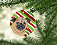 Load image into Gallery viewer, Pug Candy Cane Holiday Christmas  Ornament - Round Ceramic Ornament – Artist-Designed Keepsake Decoration SC9331