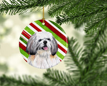 Load image into Gallery viewer, Shih Tzu Candy Cane Holiday Christmas  Ornament - Round Ceramic Ornament – Artist-Designed Keepsake Decoration SC9343