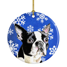 Load image into Gallery viewer, Boston Terrier Winter Snowflakes Holiday Ornament - Round Ceramic Ornament – Artist-Designed Keepsake Decoration SC9360