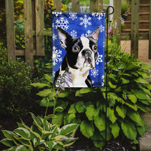 Load image into Gallery viewer, Boston Terrier Winter Snowflakes Holiday Garden Flag – Decorative Outdoor Yard Flag