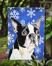 Load image into Gallery viewer, Boston Terrier Winter Snowflakes Holiday Garden Flag – Decorative Outdoor Yard Flag
