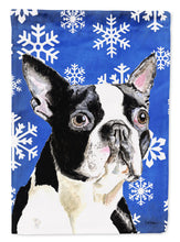 Load image into Gallery viewer, Boston Terrier Winter Snowflakes Holiday Garden Flag – Decorative Outdoor Yard Flag