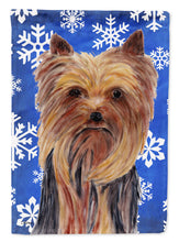 Load image into Gallery viewer, Yorkie Winter Snowflakes Holiday Flag Canvas House Size