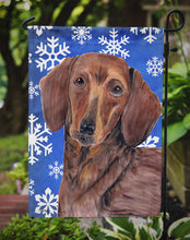 Load image into Gallery viewer, Dachshund Winter Snowflakes Holiday Garden Flag – Decorative Outdoor Yard Flag