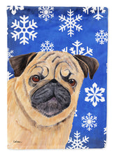 Load image into Gallery viewer, Pug Winter Snowflakes Holiday Flag Canvas House Size