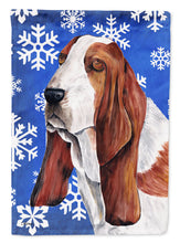 Load image into Gallery viewer, Basset Hound Winter Snowflakes Holiday Garden Flag – Decorative Outdoor Yard Flag