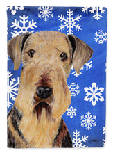 Load image into Gallery viewer, Airedale Winter Snowflakes Holiday Flag Canvas House Size