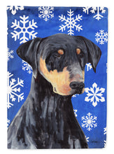 Load image into Gallery viewer, Doberman Winter Snowflakes Holiday Garden Flag – Decorative Outdoor Yard Flag