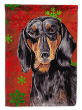 Load image into Gallery viewer, Dachshund Red and Green Snowflakes Holiday Christmas Garden Flag – Decorative Outdoor Yard Flag