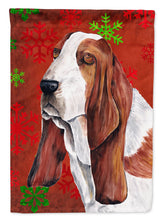 Load image into Gallery viewer, Basset Hound Red and Green Snowflakes Holiday Christmas Flag Canvas House Size