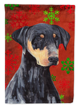 Load image into Gallery viewer, Doberman Red and Green Snowflakes Holiday Christmas Garden Flag – Decorative Outdoor Yard Flag