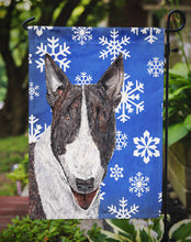 Load image into Gallery viewer, Bull Terrier Blue Snowflake Winter Garden Flag – Decorative Outdoor Yard Flag