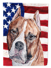 Load image into Gallery viewer, Staffordshire Bull Terrier Staffie with American Flag USA Garden Flag – Decorative Outdoor Yard Flag SC9632GF