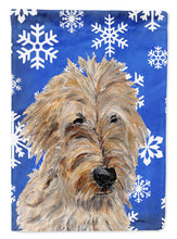 Load image into Gallery viewer, Golden Doodle 2 Winter Snowflakes Flag Canvas House Size SC9787CHF