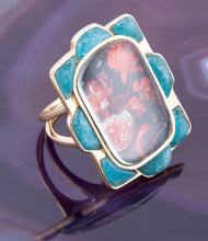Load image into Gallery viewer, Scenic Red Florals Blue Apatite Golden Statement Ring