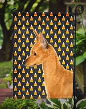Load image into Gallery viewer, Min Pin Candy Corn Halloween Portrait Garden Flag – Decorative Outdoor Yard Flag