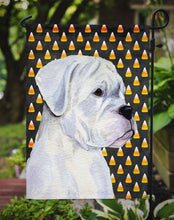 Load image into Gallery viewer, Boxer White Candy Corn Halloween Portrait Garden Flag – Decorative Outdoor Yard Flag