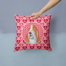 Load image into Gallery viewer, Basset Hound Hearts Love and Valentine's Day Portrait Throw Pillow - 14x14 Decorative Pillow – Art for Your Home &amp; Patio SS4528PW1414