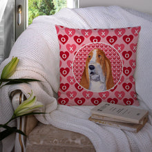 Load image into Gallery viewer, Basset Hound Hearts Love and Valentine's Day Portrait Throw Pillow - 14x14 Decorative Pillow – Art for Your Home &amp; Patio SS4528PW1414