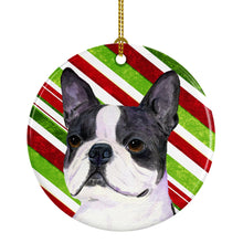 Load image into Gallery viewer, Boston Terrier Candy Cane Holiday Christmas Ornament - Round Ceramic Ornament – Artist-Designed Keepsake Decoration SS4585