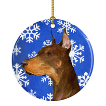 Load image into Gallery viewer, Doberman Winter Snowflakes Holiday Christmas Ornament - Round Ceramic Ornament – Artist-Designed Keepsake Decoration SS4606