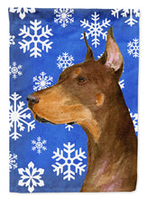 Load image into Gallery viewer, Doberman Winter Snowflakes Holiday Flag Canvas House Size