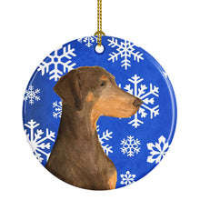 Load image into Gallery viewer, Doberman Winter Snowflakes Holiday Christmas Ornament - Round Ceramic Ornament – Artist-Designed Keepsake Decoration SS4617